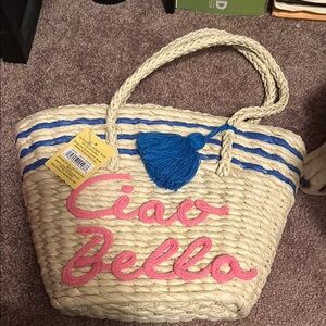 Ciao Bella Straw Tote with Blue and Pink Accents